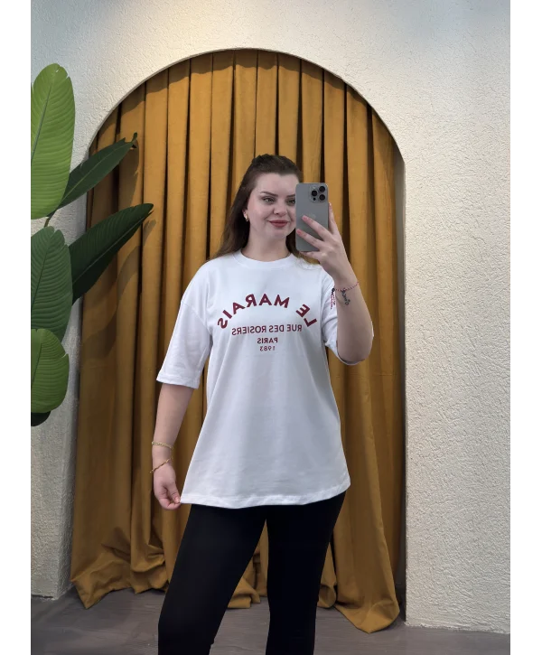 Oversize Basic Baskılı T-Shirt - BEYAZ