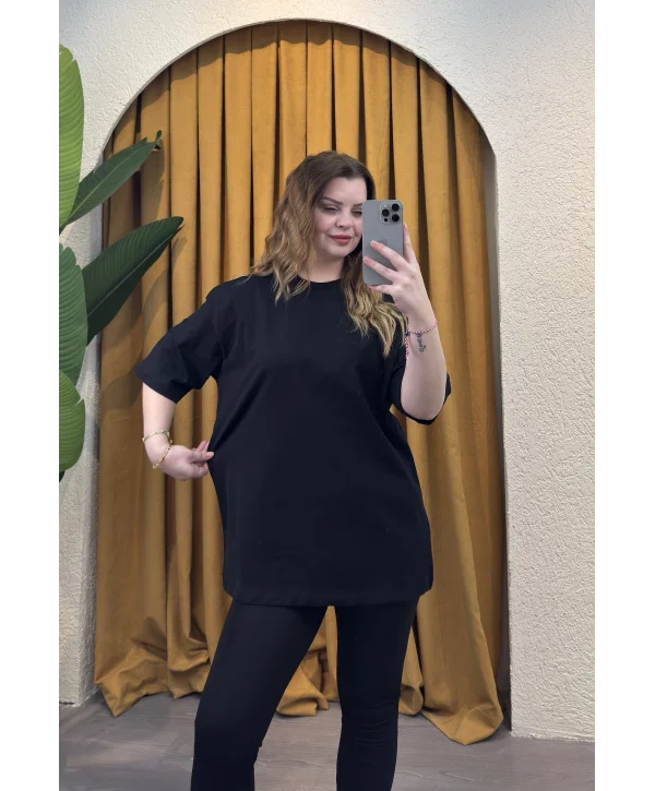 Oversize Basic Düz T-Shirt - SİYAH