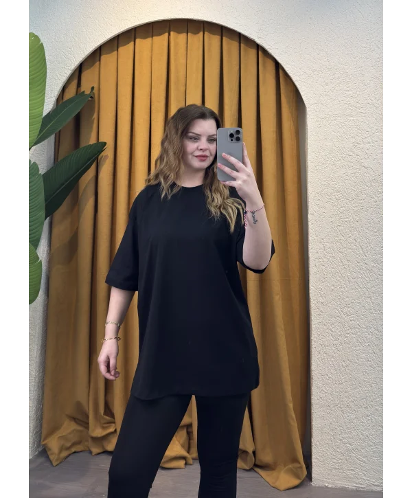 Oversize Basic Düz T-Shirt - SİYAH
