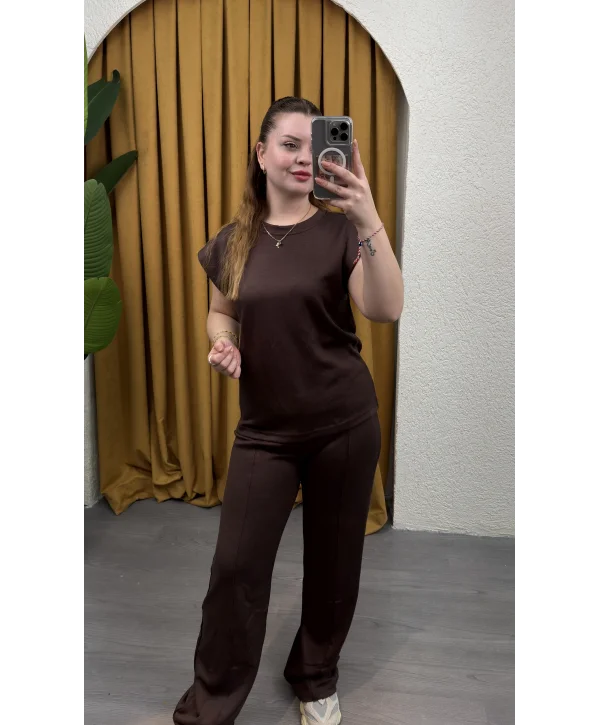 Kısa Kol Çimalı Modal Takım - KAHVERENGİ