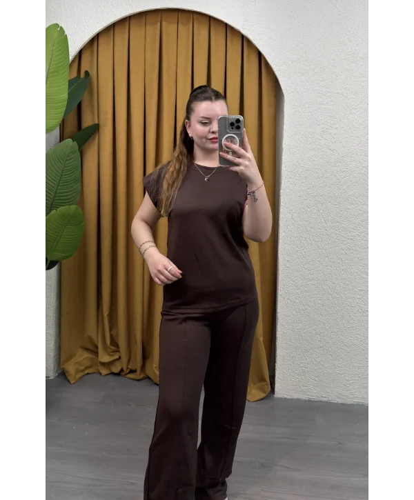 Kısa Kol Çimalı Modal Takım - KAHVERENGİ