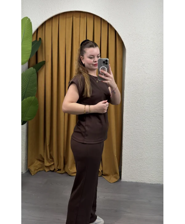 Kısa Kol Çimalı Modal Takım - KAHVERENGİ