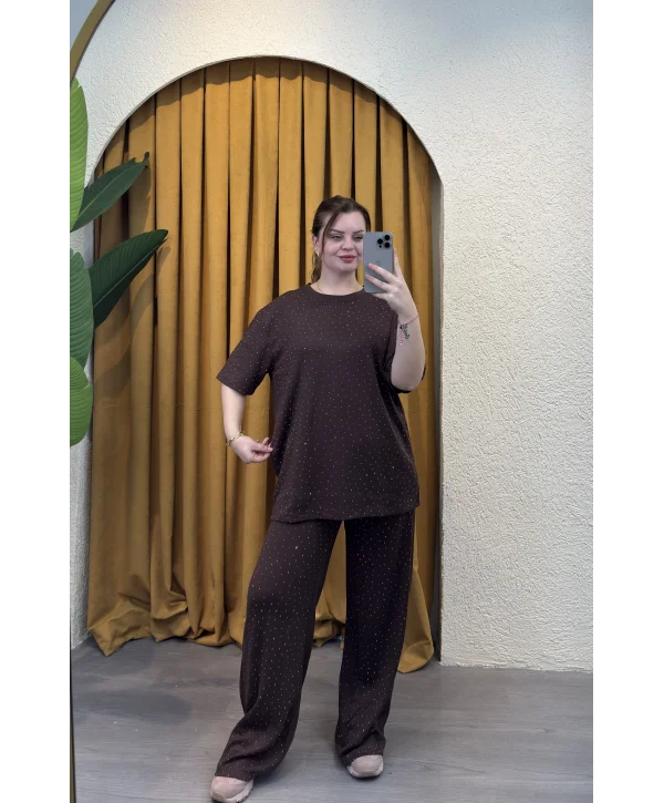 Kısa Kollu Modal Shine Takım - KAHVERENGİ