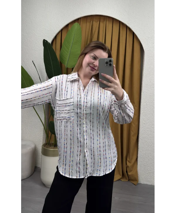 Oversize Çizgili Gömlek - BEYAZ