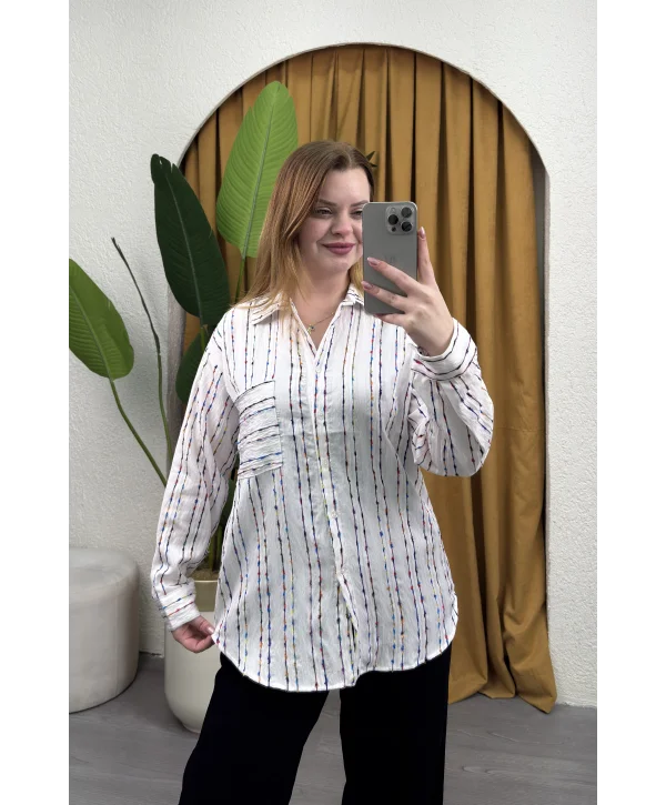 Oversize Çizgili Gömlek - BEYAZ