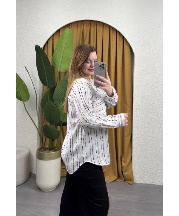 Oversize Çizgili Gömlek - BEYAZ