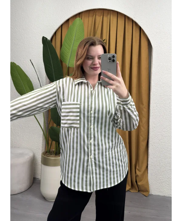 Oversize Çizgili Gömlek - HAKİ