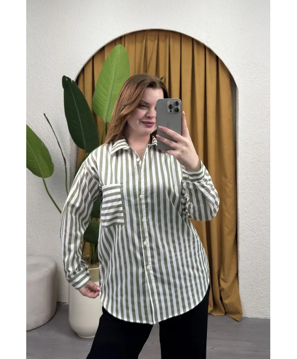 Oversize Çizgili Gömlek - HAKİ