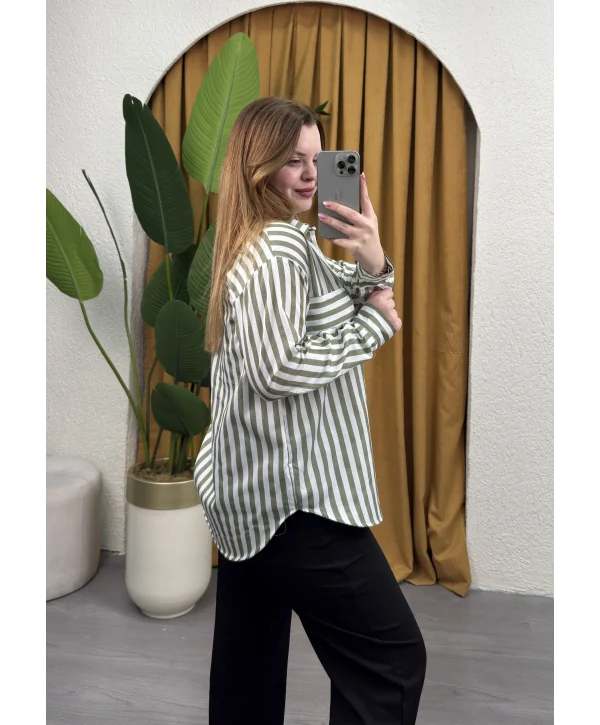 Oversize Çizgili Gömlek - HAKİ