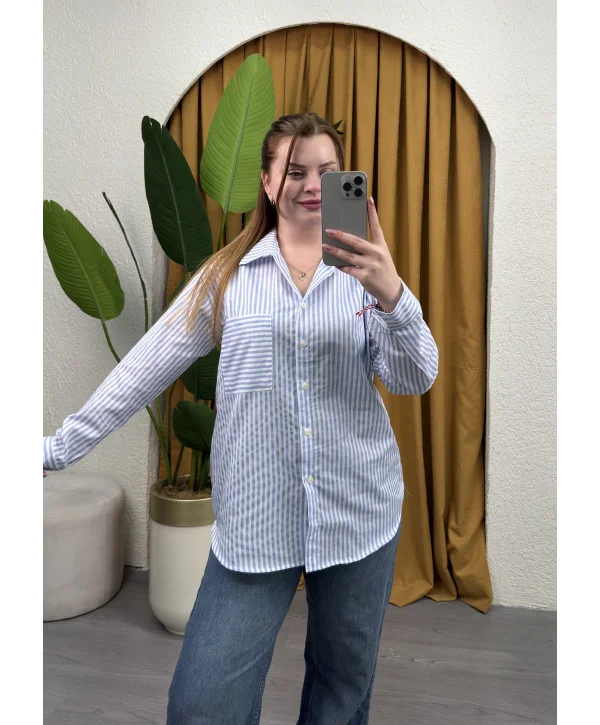Oversize Çizgili Gömlek - MAVİ