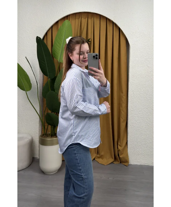 Oversize Çizgili Gömlek - MAVİ