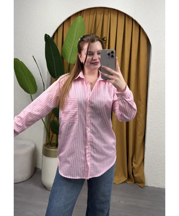 Oversize Çizgili Gömlek - PEMBE