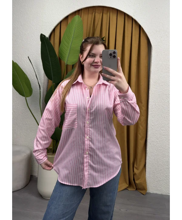 Oversize Çizgili Gömlek - PEMBE