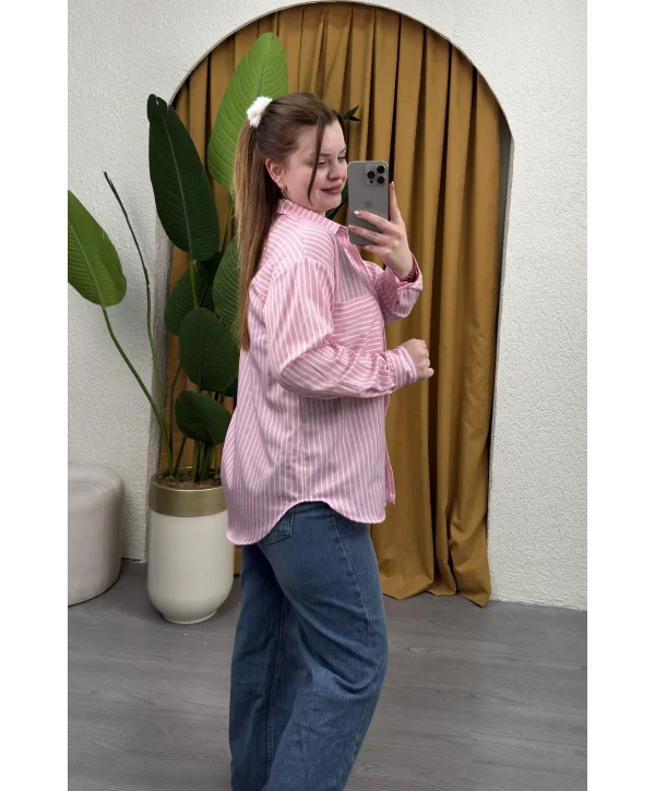 Oversize Çizgili Gömlek - PEMBE