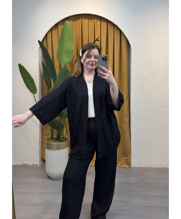 İkili Pileli Kimono Takım - SİYAH