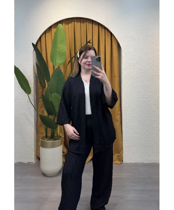 İkili Pileli Kimono Takım - SİYAH