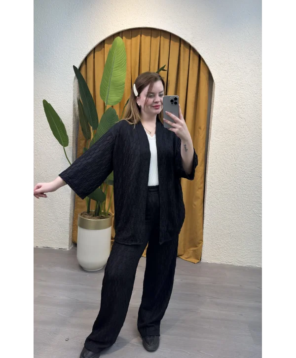 İkili Pileli Kimono Takım - SİYAH