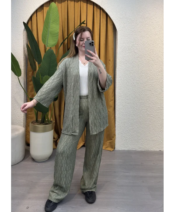 İkili Pileli Kimono Takım - HAKİ