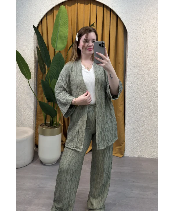 İkili Pileli Kimono Takım - HAKİ