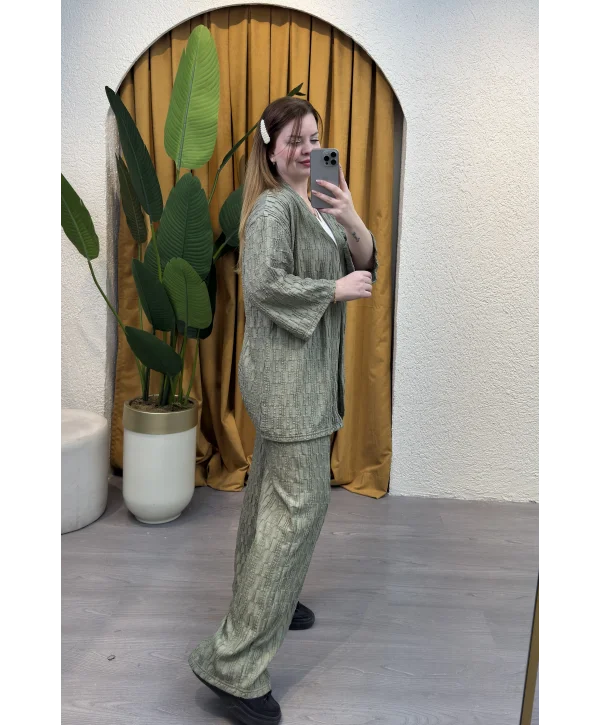 İkili Pileli Kimono Takım - HAKİ