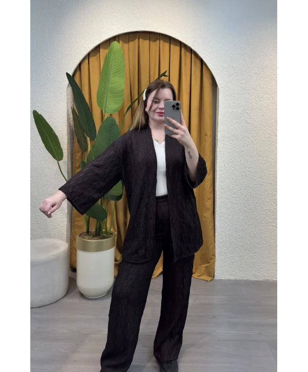 İkili Pileli Kimono Takım - ACI KAHVE