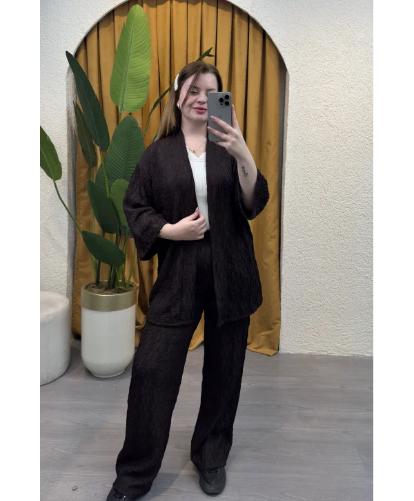 İkili Pileli Kimono Takım - ACI KAHVE