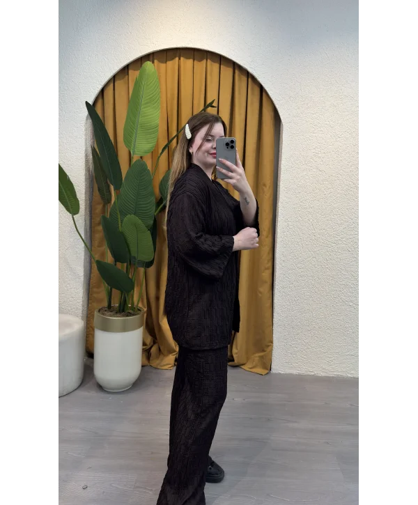 İkili Pileli Kimono Takım - ACI KAHVE