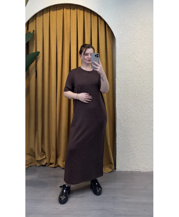 Taşlı Modal Shine Elbise - KAHVERENGİ