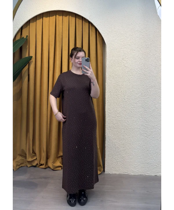 Taşlı Modal Shine Elbise - KAHVERENGİ