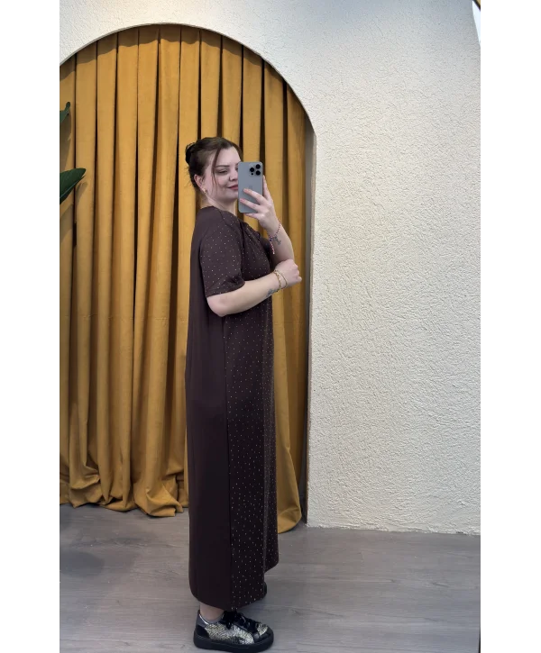 Taşlı Modal Shine Elbise - KAHVERENGİ