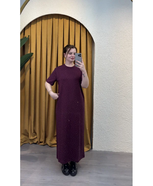 Taşlı Modal Shine Elbise - BORDO