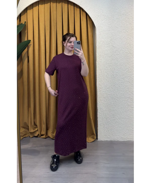 Taşlı Modal Shine Elbise - BORDO