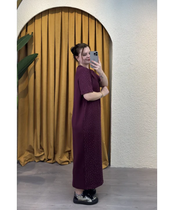 Taşlı Modal Shine Elbise - BORDO