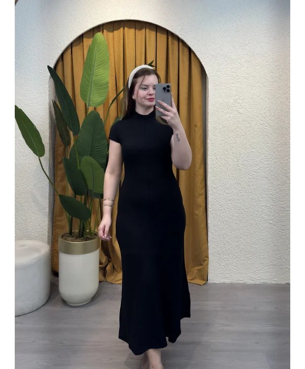 Godeli Kısa Kollu Elbise - SİYAH