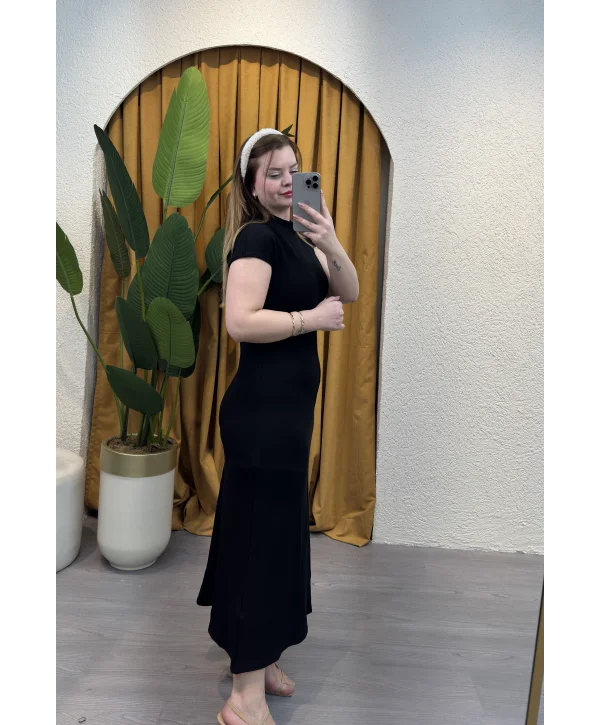 Godeli Kısa Kollu Elbise - SİYAH