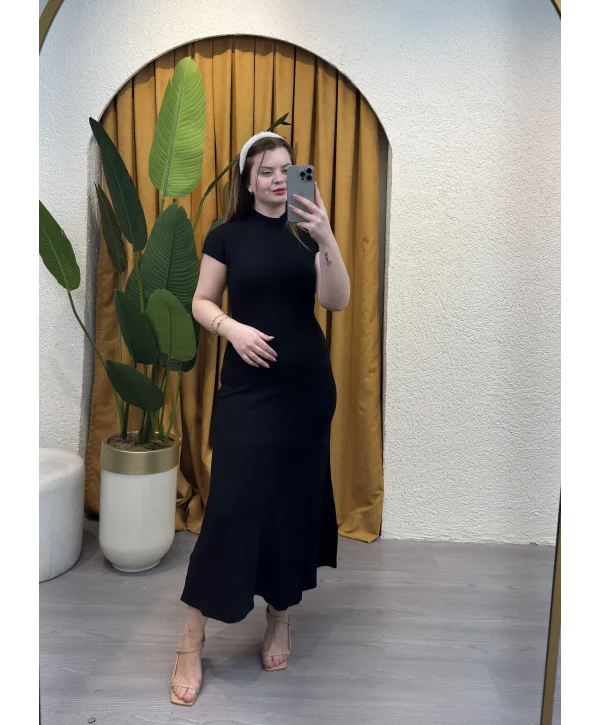 Godeli Kısa Kollu Elbise - SİYAH