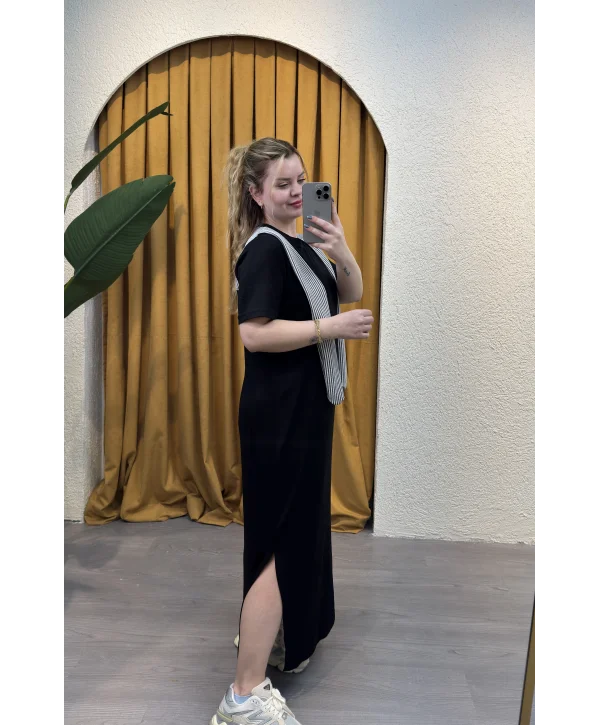 Elegance Bağlamalı Modal Elbise - SİYAH