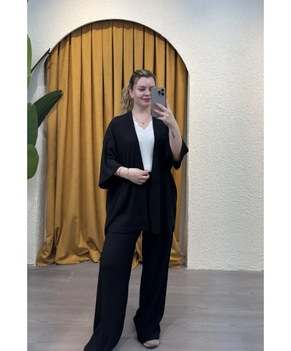 İkili Bürümcük Kimono Takım - SİYAH