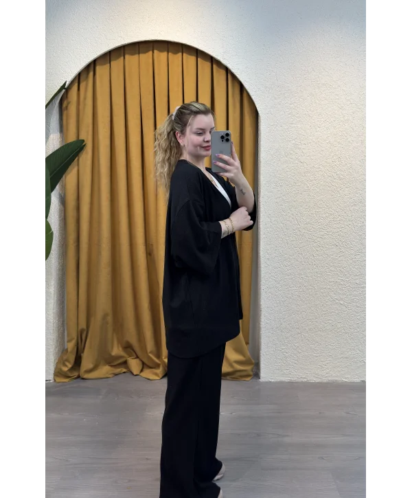 İkili Bürümcük Kimono Takım - SİYAH