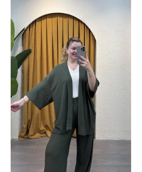 İkili Bürümcük Kimono Takım - HAKİ