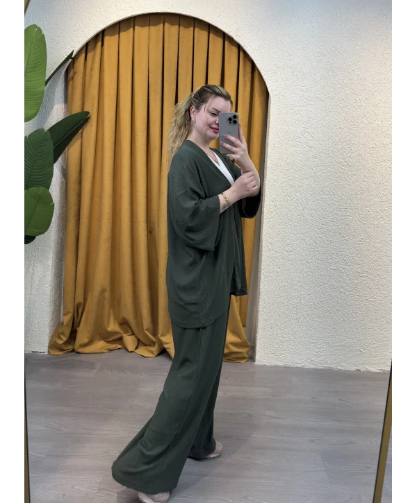 İkili Bürümcük Kimono Takım - HAKİ