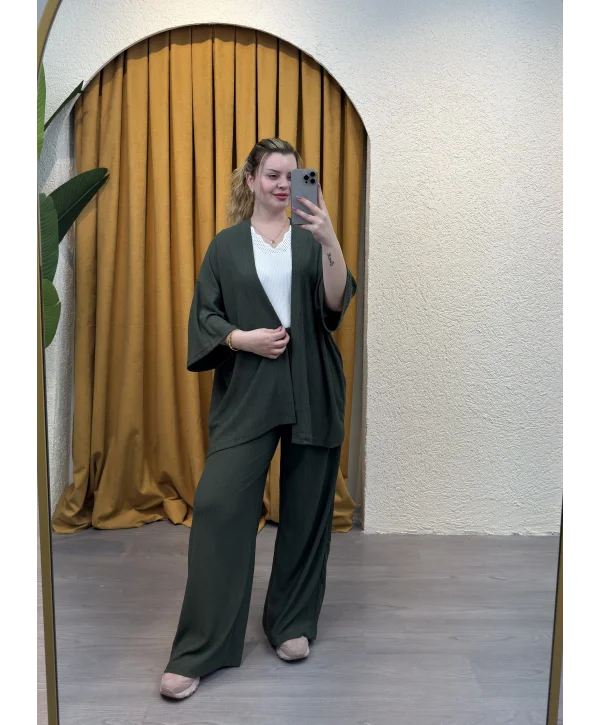 İkili Bürümcük Kimono Takım - HAKİ