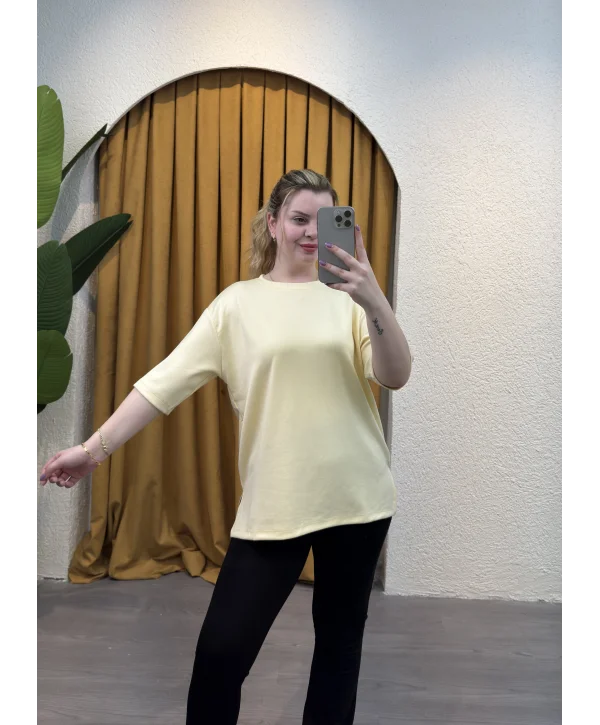 Oversize Yırtmaçlı Modal T-Shirt - SARI