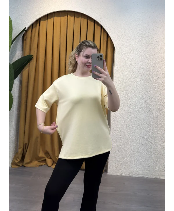 Oversize Yırtmaçlı Modal T-Shirt - SARI