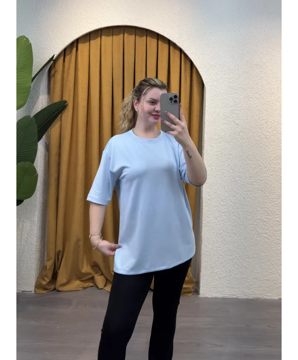 Oversize Yırtmaçlı Modal T-Shirt - MAVİ