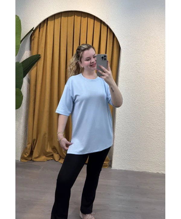 Oversize Yırtmaçlı Modal T-Shirt - MAVİ