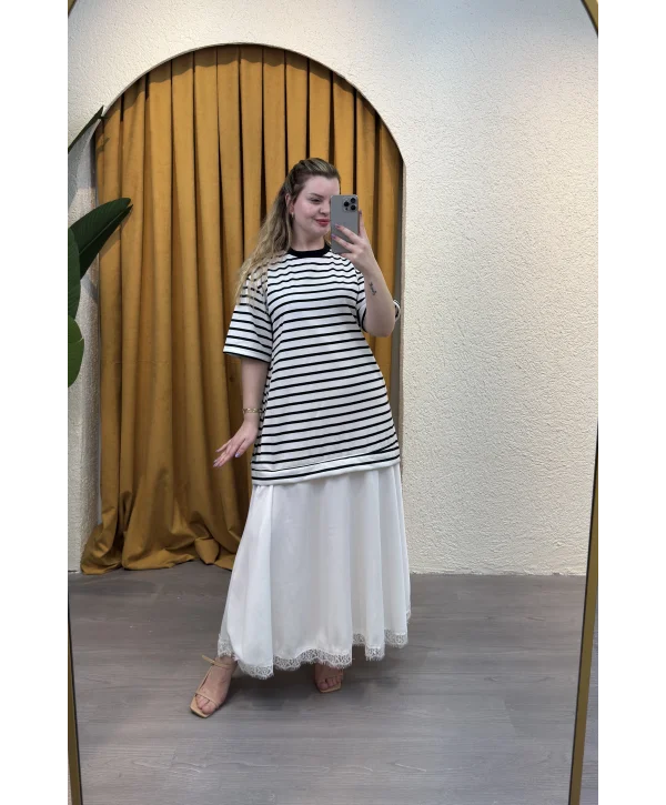 Marin Çizgili Dantel Detay Elbise