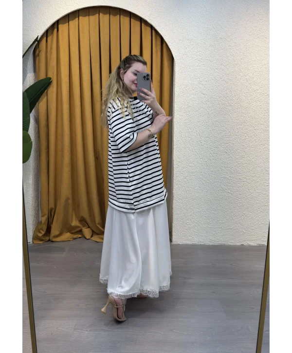 Marin Çizgili Dantel Detay Elbise