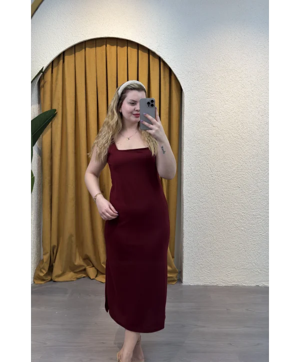 Askılı Saten Dokulu Elbise - BORDO