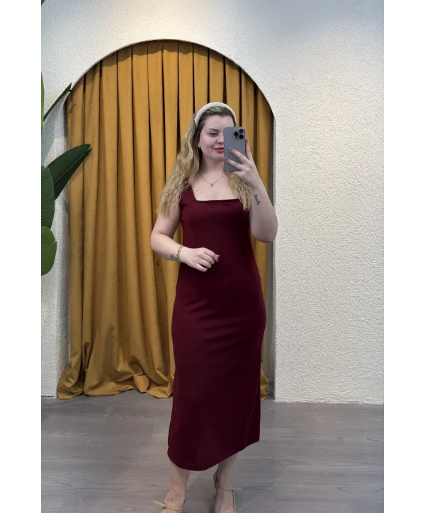 Askılı Saten Dokulu Elbise - BORDO
